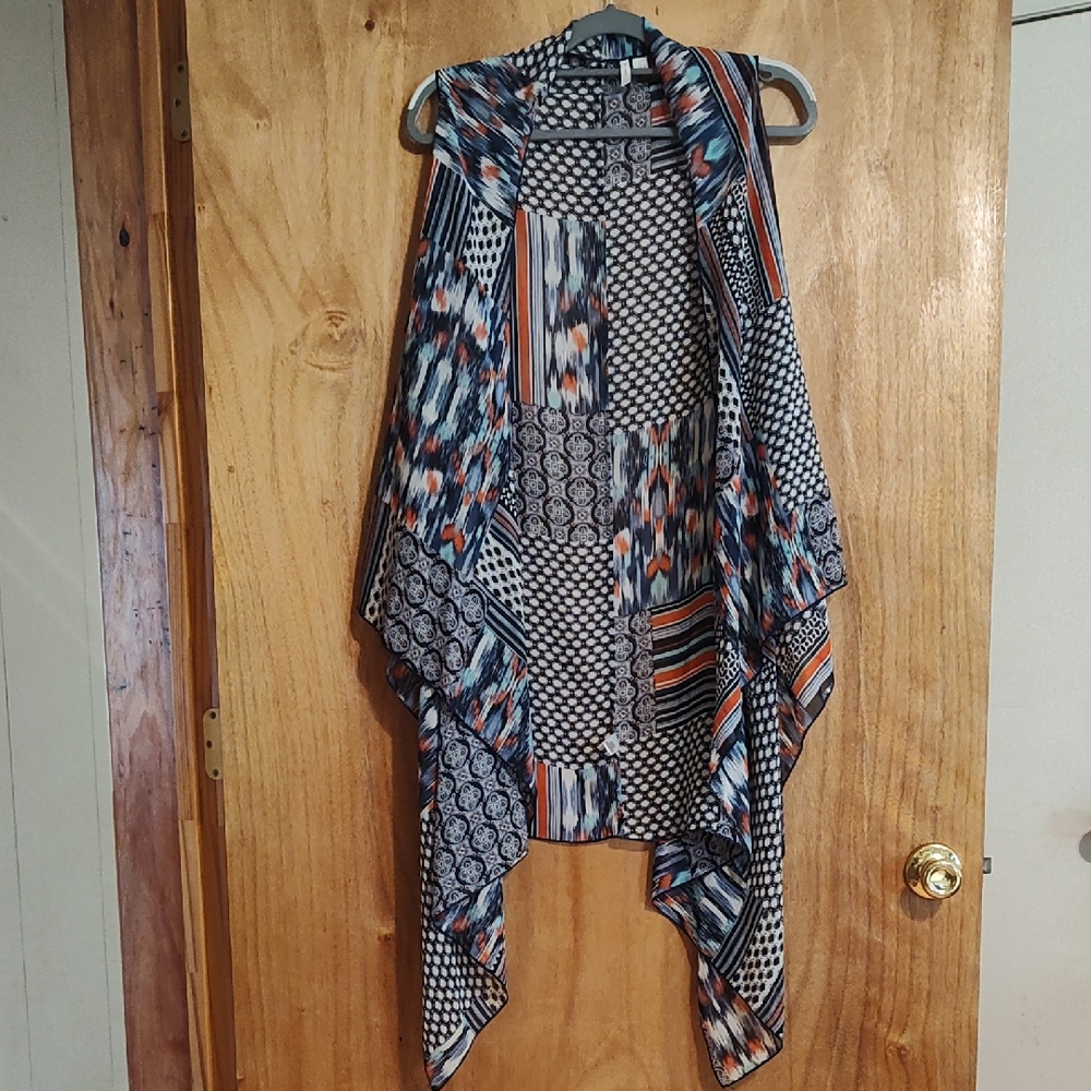 Cato Flowy Mixed Print Waterfall Duster Vest Sleeveless Blue Coral Boho Size L
